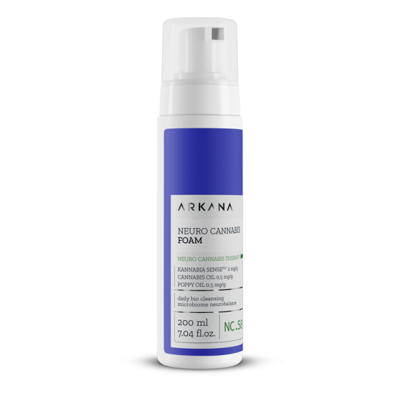 Neuro Cannabis Foam 200ml is a white and blue bottle with a pump dispenser, featuring cannabis oil, poppy oil, and daily bio cleansing for the microbiome. Size: 200ml (7.04 fl. oz.).