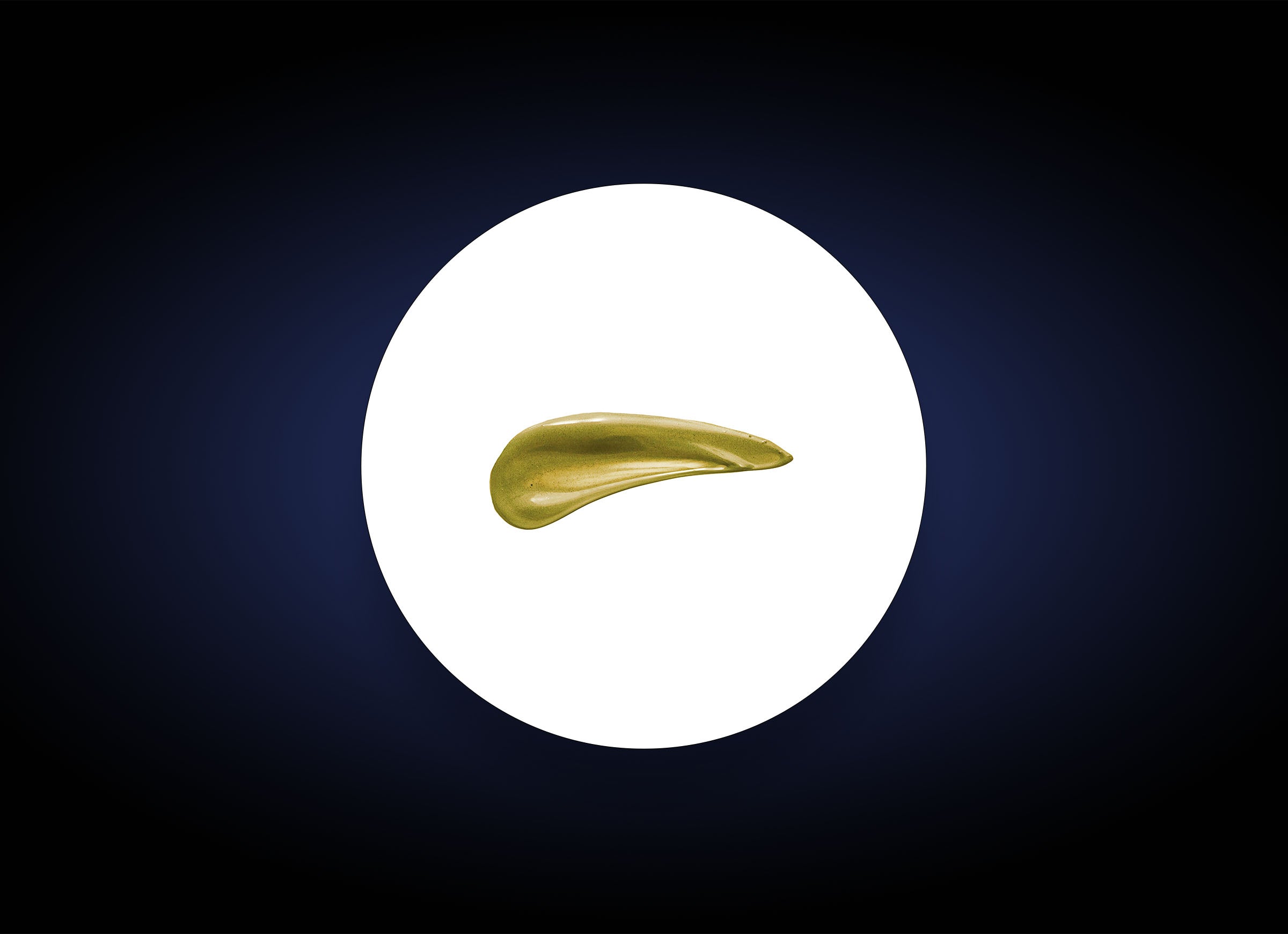 A single greenish-gold, curved shape resembling a leaf is centered on a white oval, surrounded by a dark blue to black gradient—conveying the fresh energy of the Revitalizing Mask 60g.