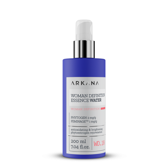 A 200ml bottle of Woman Definition Essence Water, featuring a pump dispenser, formulated for antioxidant and brightening skincare.
