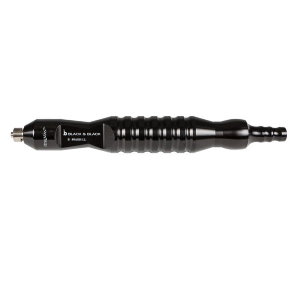 A black, cylindrical, handheld device with a ribbed grip section and a smooth, tapered end. The device is labeled "BLACK & BLACK" and "B. BRAVO 2." It features a small screw attachment on one end and appears to be an Aspiration Handle w/Luer Lock.