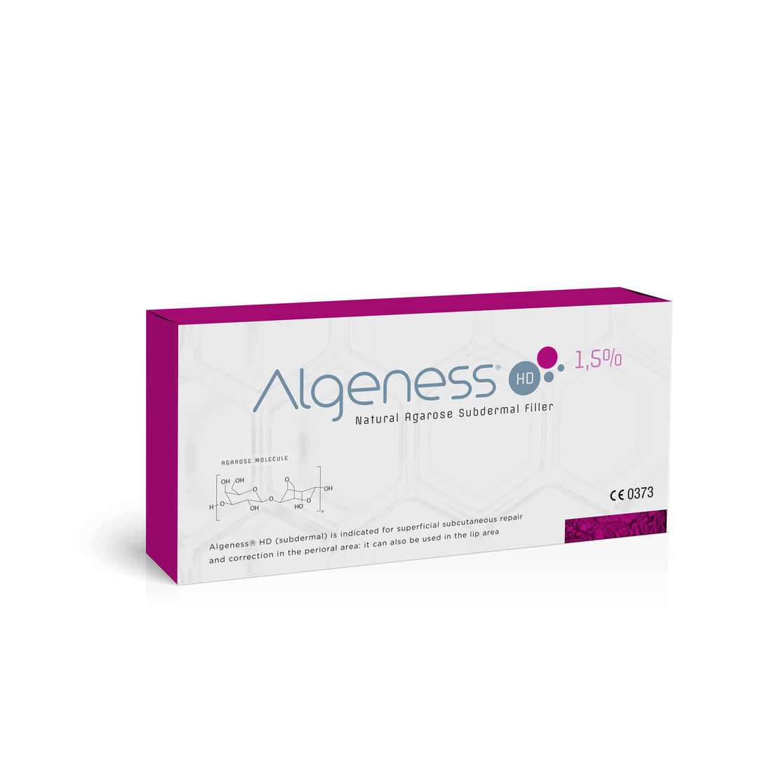 A white and purple box prominently displays "Algeness HD - Algeness" on the front. The text describes it as a "Natural Agarose Subdermal Filler" designed for effective subcutaneous repair, specifically targeting wrinkles and enhancing the lip area. The box also features a CE mark along with the number "0373".
