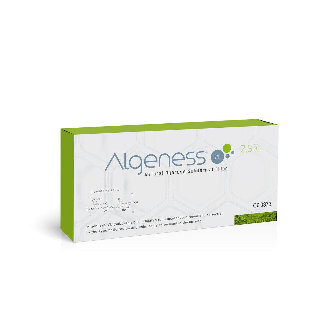 A box of Algeness VL - Algeness, featuring a white and green design, contains a natural agarose subdermal filler and displays product information such as "2.5%" and "CE 0373." The text on the box indicates it is intended for deep wrinkles treatment, subcutaneous repair, and correction in the zygomatic region and chin.