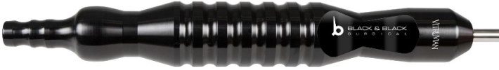 Close-up of a black surgical instrument with a lighter handle and ridged grip, labeled "Accelerator Cannula, Large Handle, Straight" and "Veni Vidi Vici." The instrument narrows at the ends and has a metal tip on the right side.
