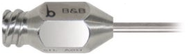 Close-up of a stainless steel tool part, featuring a hexagonal section with "B&B" and an emblem engraved on it. The Accelerator Cannula, Luer Lock, Straight has a cylindrical rod extending from the hexagonal section and a threaded end for Luer lock attachment.
