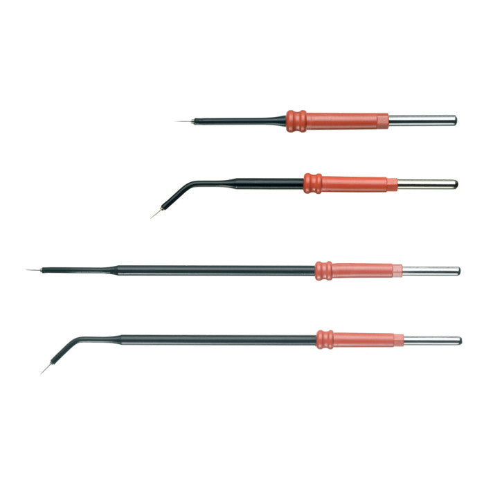 Four Micro Onyx Dissecting Needles "Colorado Type", 5-1/4″ (13.3cm), Angled (45 Deg) are displayed in a vertical arrangement. Each instrument features a metal handle with red and black segments. The tips vary: two have straight ends and two are angled, ensuring precise cuts for various dental procedures.