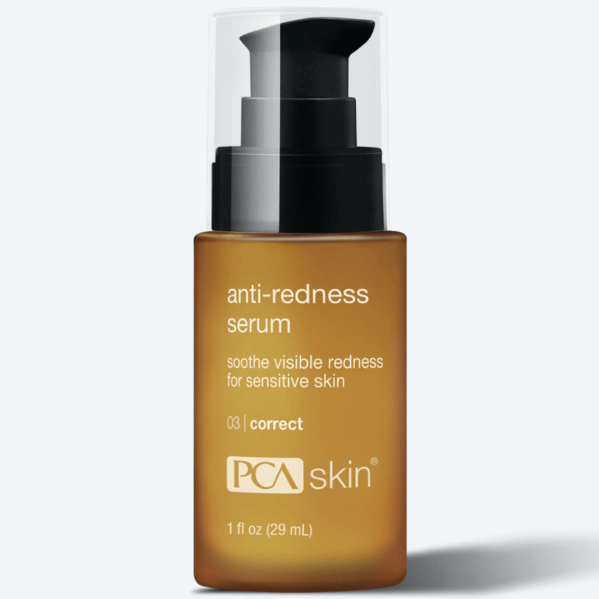 A brown bottle with a black pump top, labeled "Anti-Redness Serum" by PCA Skin. The label states, "soothe visible redness for sensitive skin," and indicates the product volume as 1 fl oz (29 ml).