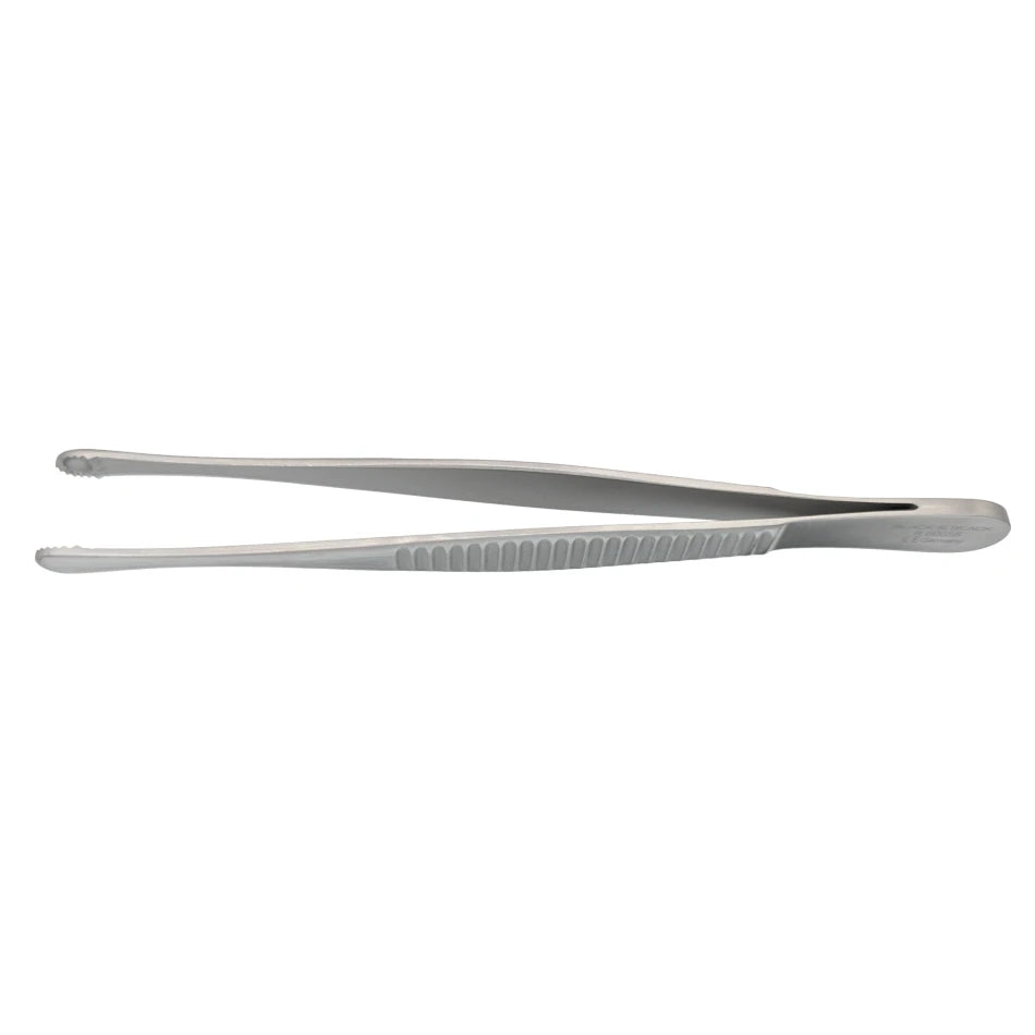 A pair of Russian Tissue Forceps, 6″ (15cm) with ribbed grips and pointed, serrated tips designed for precision handling. The forceps are silver in color and have a flat, spring-loaded handle.