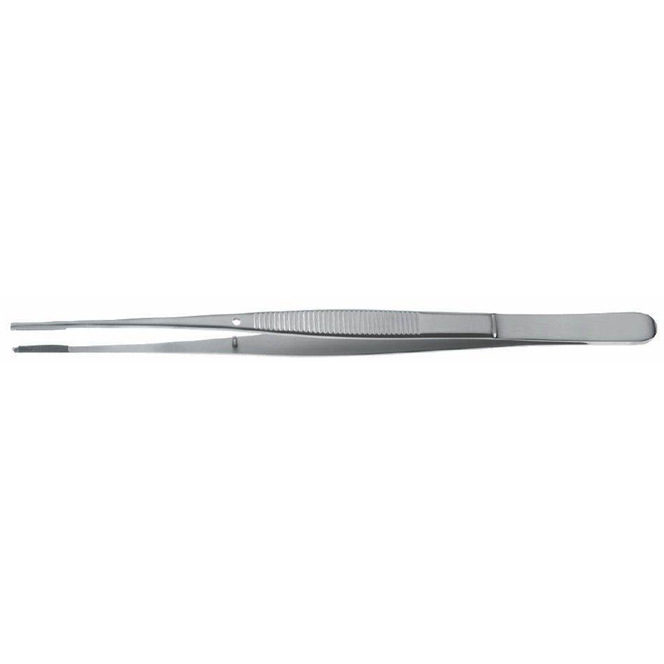 A pair of Semken Tissue Forceps, 6″ (15.0cm), 1x2 Teeth, Straight with a flat, ridged grip in the middle for improved handling. The tips are tapered and precision-aligned, suitable for detailed tasks such as plucking or picking up small objects.