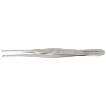 A close-up view of a metallic tweezer with fine jaws and a ridged grip section. The Tissue Forceps, 1 x 2 Teeth tips are aligned and slanted, with a brand name and some text engraved near the grip area. The tweezer has a sleek and shiny finish.