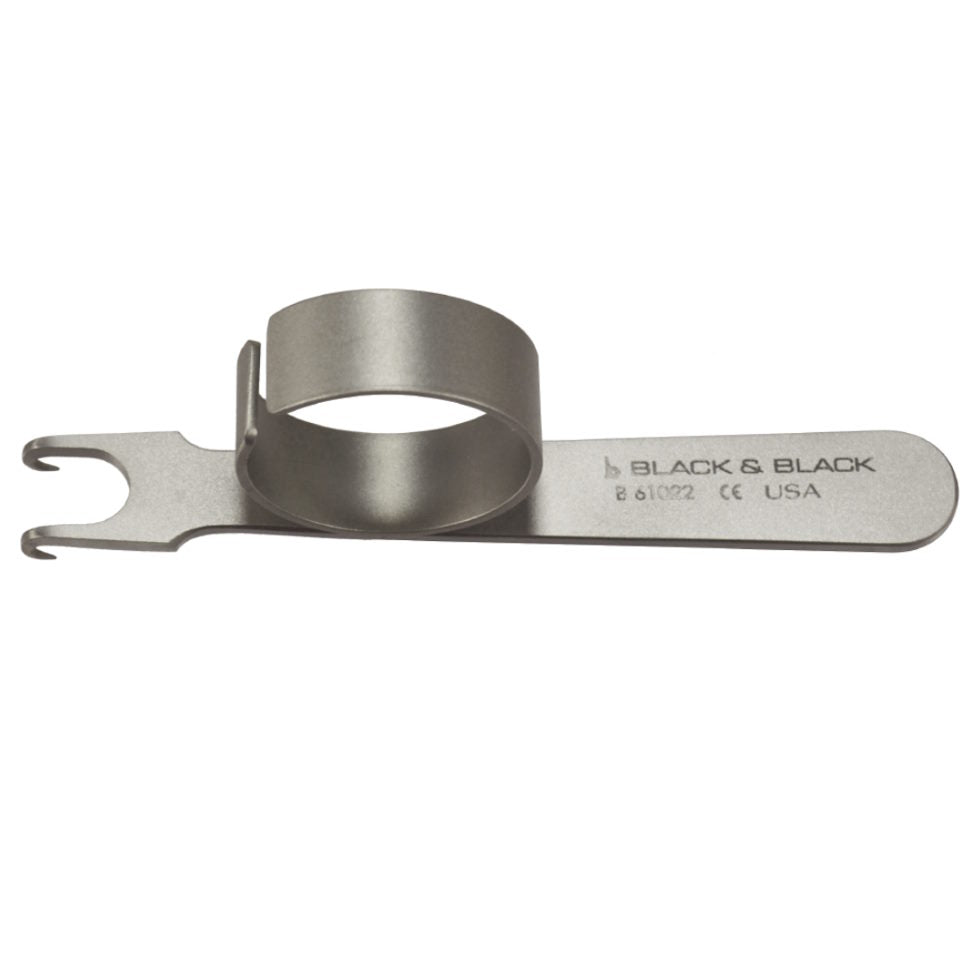 A stainless steel dental tool featuring a handle with the engraved text &quot;BLACK &amp; BLACK&quot; and a ring in the middle. The B&amp;B Tip Retractor, 10mm, reminiscent of the precision found in a Kilner Alar Retractor, has a distinct notch forked tip.