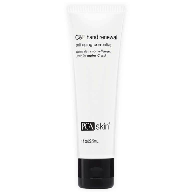 A white tube of C&amp;E Hand Renewal with a black cap. The tube, labeled in English and French, contains 1 fl oz (29.5 ml) of the water-free product. This anti-aging corrective cream reduces discoloration for younger-looking hands.
