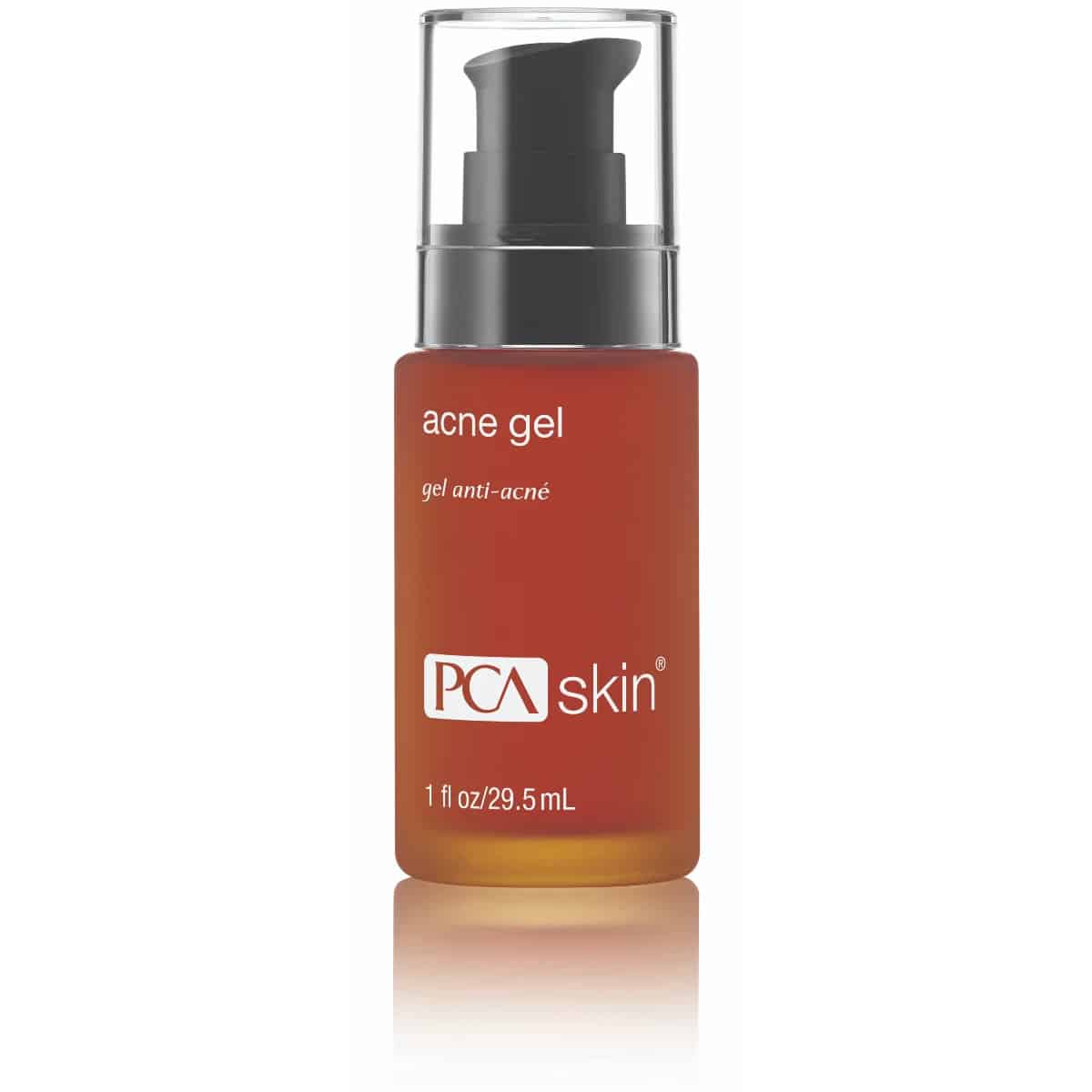 A clear bottle of Acne Gel with Omnisome with a black pump dispenser features the OmniSome delivery system for enhanced absorption. The label on the front reads &quot;Acne Gel&quot; and &quot;Gel Anti-Acné.&quot; Enriched with 2% salicylic acid, this 1 fl oz (29.5 mL) product is designed to combat acne effectively.