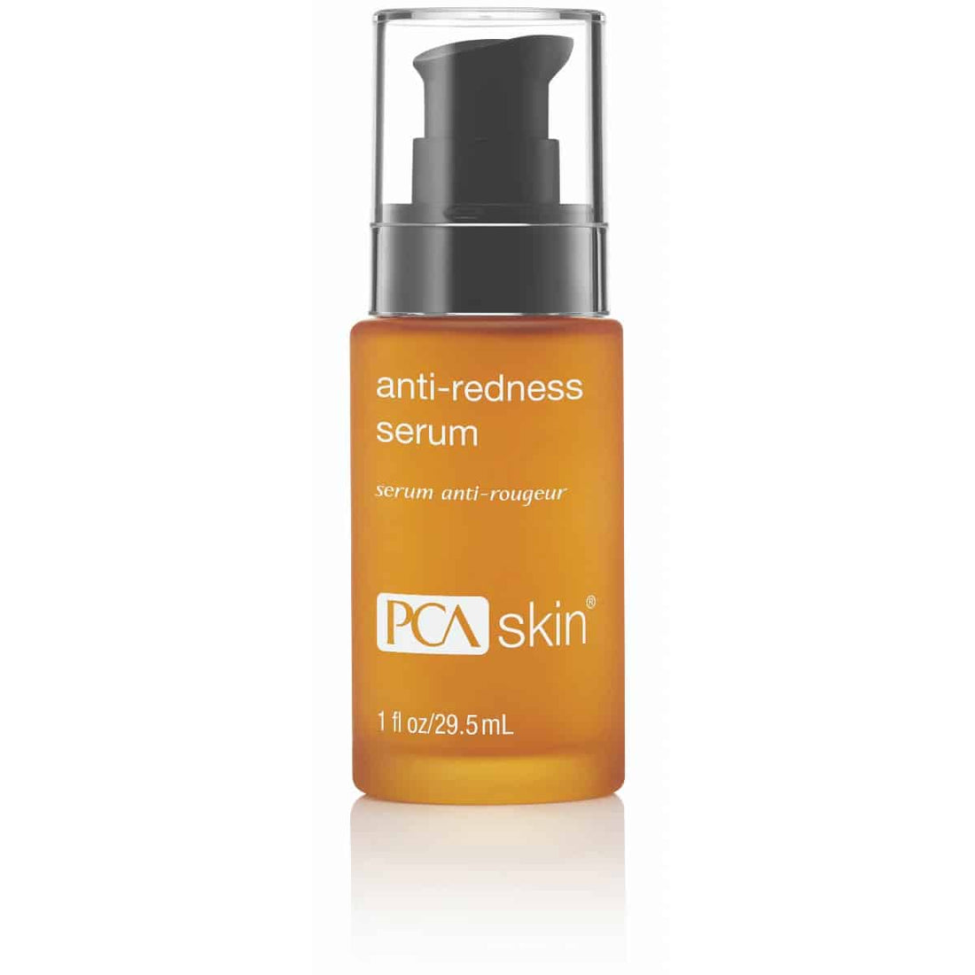 A clear pump bottle labeled &quot;Anti-Redness Serum 30 ml&quot; from PCA Skin, containing 1 fl oz (29.5 mL) of product. The amber-toned bottle features a black pump dispenser and text in white and orange colors, perfect for sensitive skin needing redness relief.
