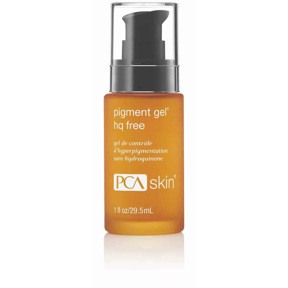 A clear bottle with an orange tint labeled &quot;Pigment Gel HQ Free,&quot; containing 1 fl oz (29.5 mL) of gel for hyperpigmentation and discoloration control without hydroquinone. The black pump dispenser is topped with a clear cap. The brand &quot;PCA skin&quot; is displayed in white text.