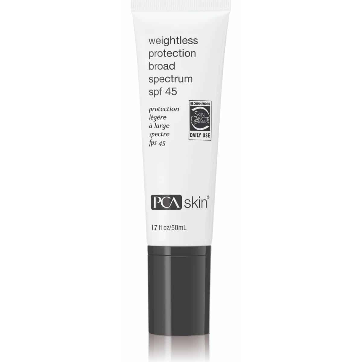 A white tube of Weightless Protection BS SPF 45 lightweight sunscreen. The tube features product information and a seal indicating Skin Cancer Foundation recommendation for daily UV protection. The tube size is 1.7 fl oz/50 mL.