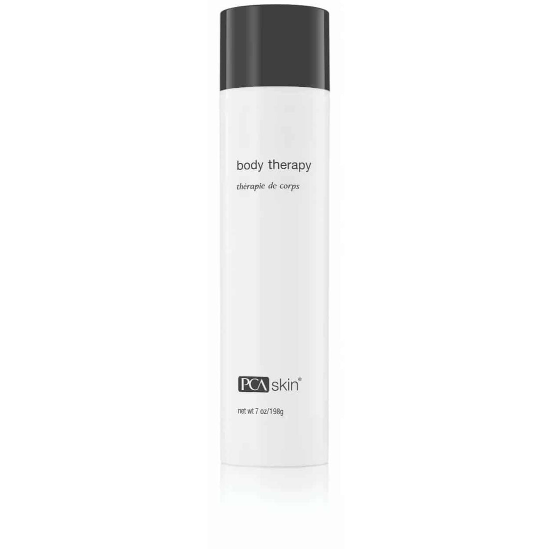 A tall, white cylindrical bottle with a black cap. The label reads &quot;Body Therapy 198g&quot; and &quot;PCA skin&quot; at the bottom, along with &quot;net wt 7 oz / 198g.&quot; This body moisturizer hydrates skin and smooths skin texture.