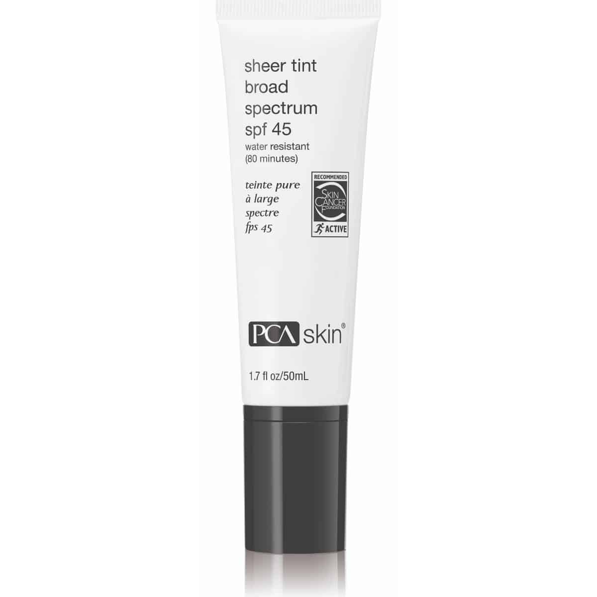 A white tube of Sheer Tint Broad Spectrum SPF 45 is depicted. The label highlights it as water-resistant for 80 minutes, suitable for sensitive skin, and offers 50 ml (1.7 oz) of product. The tube includes a seal of recommendation from the Skin Cancer Foundation.