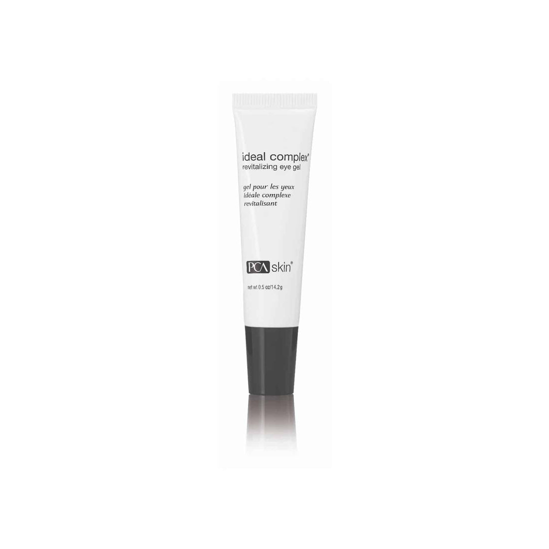 A 14g white tube of Ideal Complex Revitalizing Eye Gel stands upright with a black cap against a plain white background, formulated to target dark circles.