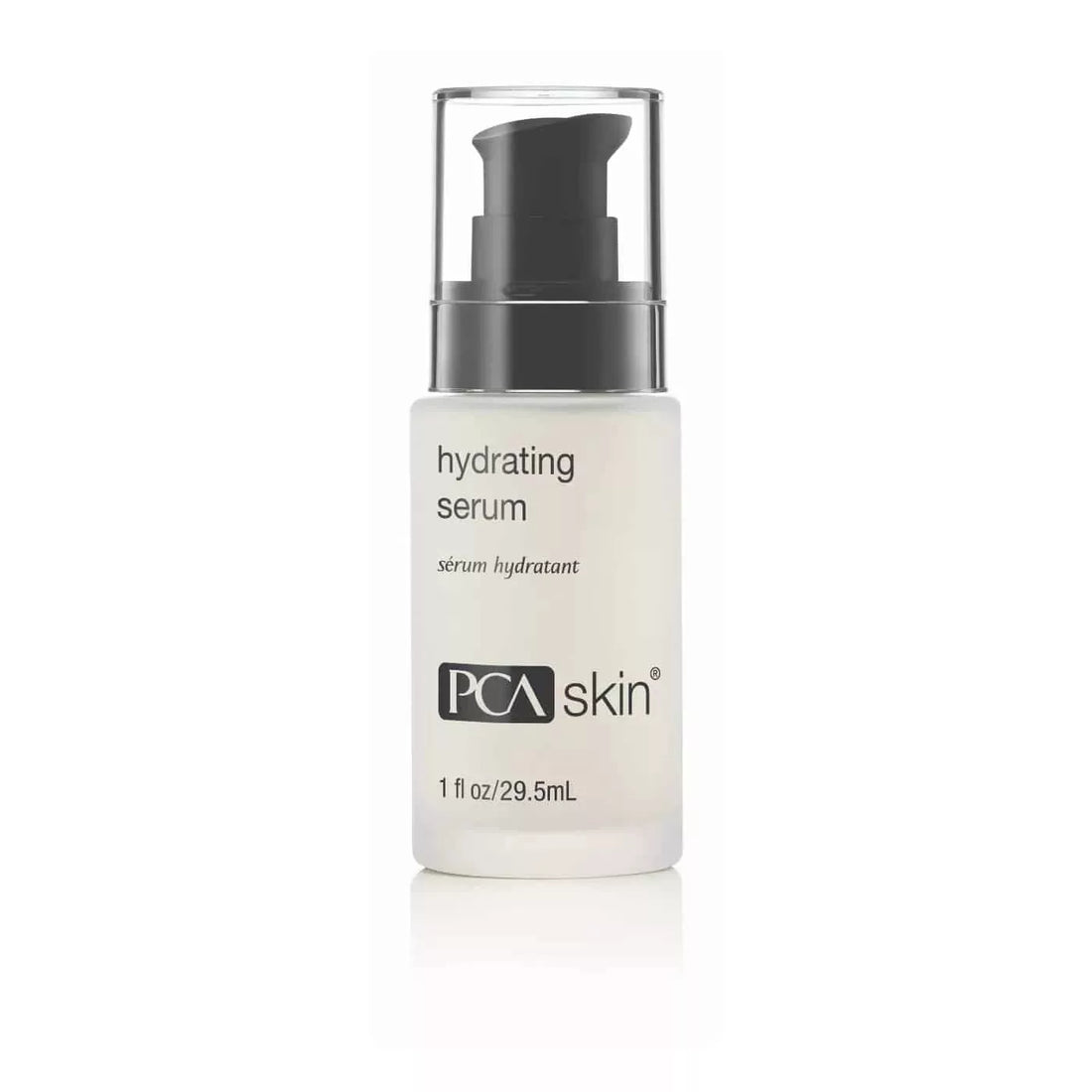 A clear bottle with a black pump dispenser contains Hydrating Serum. The white label displays the product name with text in English and French, and the bottle holds 1 fl oz (29.5 mL) of this lightweight serum packed with moisture-binding ingredients. The background is plain white.