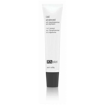 A white tube labeled &quot;C&amp;E Advanced&quot; by PCA Skin, containing 1 oz (28g) and capped with black, stands upright against a plain white background. This antioxidant formula, enriched with Hexylresorcinol and Silymarin, is designed to reduce dark spots and provide anti-aging benefits.