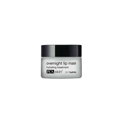 A small jar of HA Lip Overnight Mask labeled &quot;hydrating treatment&quot; with a black lid. This nighttime lip treatment is designed to provide ultra-hydrating moisture to lips during sleep.