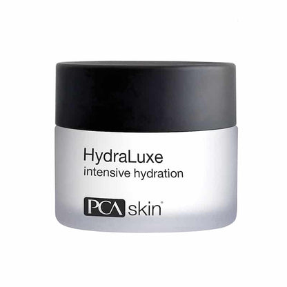 A jar of HydraLuxe Intensive Hydration, known for its deep hydration and ability to soften fine lines, is displayed against a white background. The container is cylindrical with a black lid and a white body, featuring the product name and brand logo in black lettering.