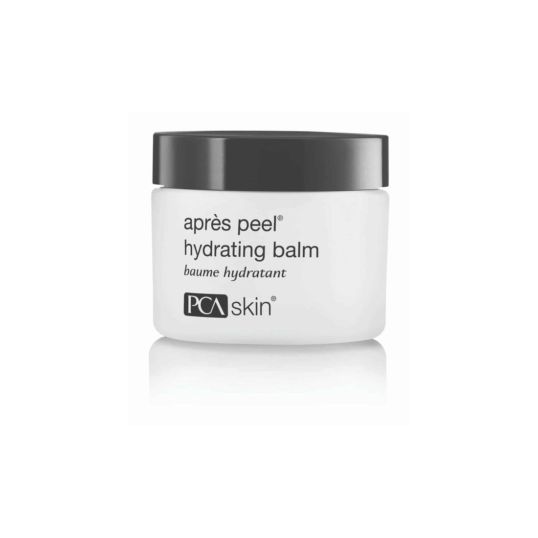 A white jar of Aprés Peel Hydrating Balm 48 g with a black lid. The label reads &quot;après peel hydrating balm, baume hydratant&quot; and &quot;PCA skin&quot; is marked in a black box at the bottom. Perfect for ageing skin, this luxurious moisturiser helps reduce fine lines and wrinkles. The jar is placed against a white background.