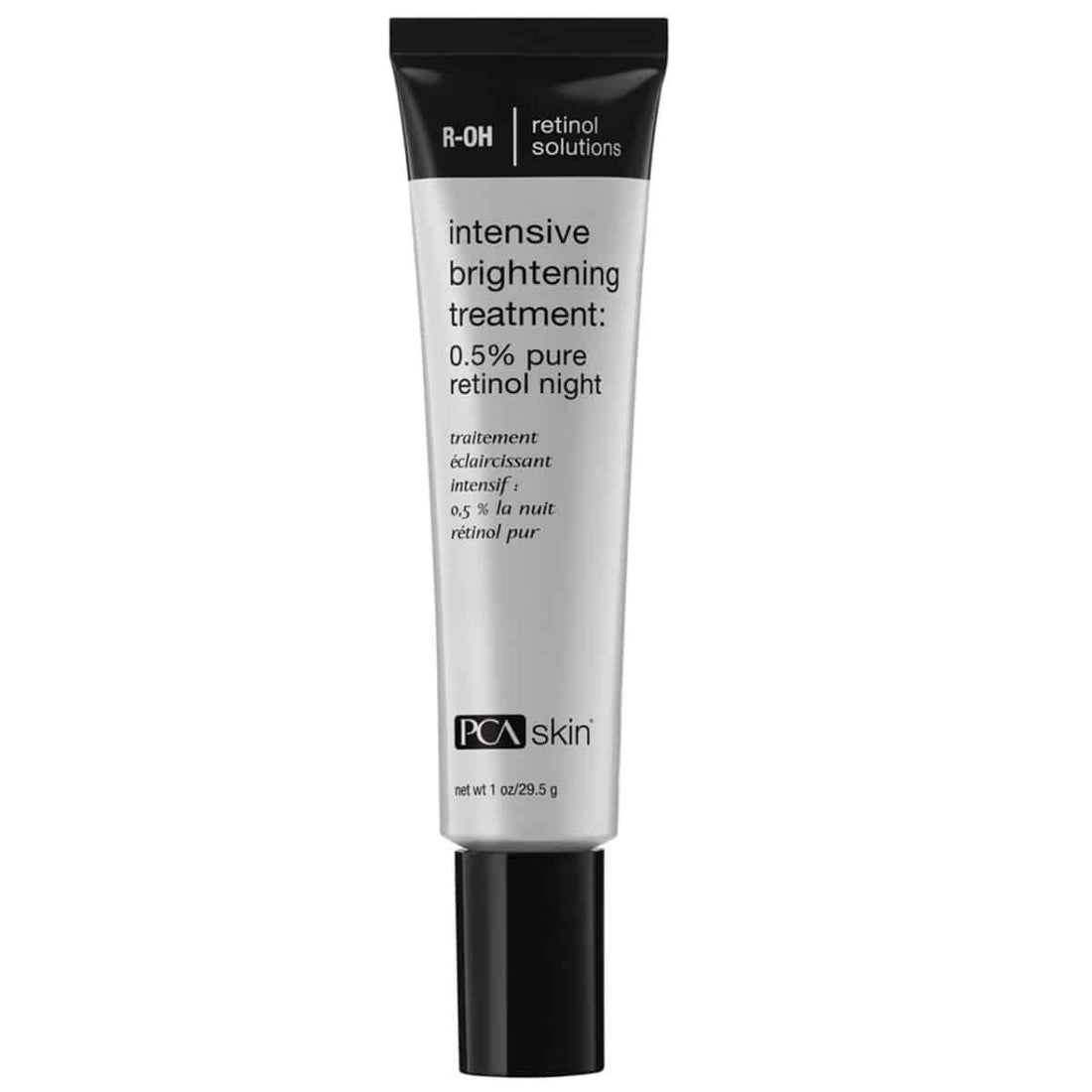 A black and silver tube of Intensive Brightening Treatment: 0.5% pure retinol, labeled "0.5% pure retinol night," designed for nighttime use to combat skin discoloration and promote a radiant complexion. The net weight is 1 oz or 29.5 g.