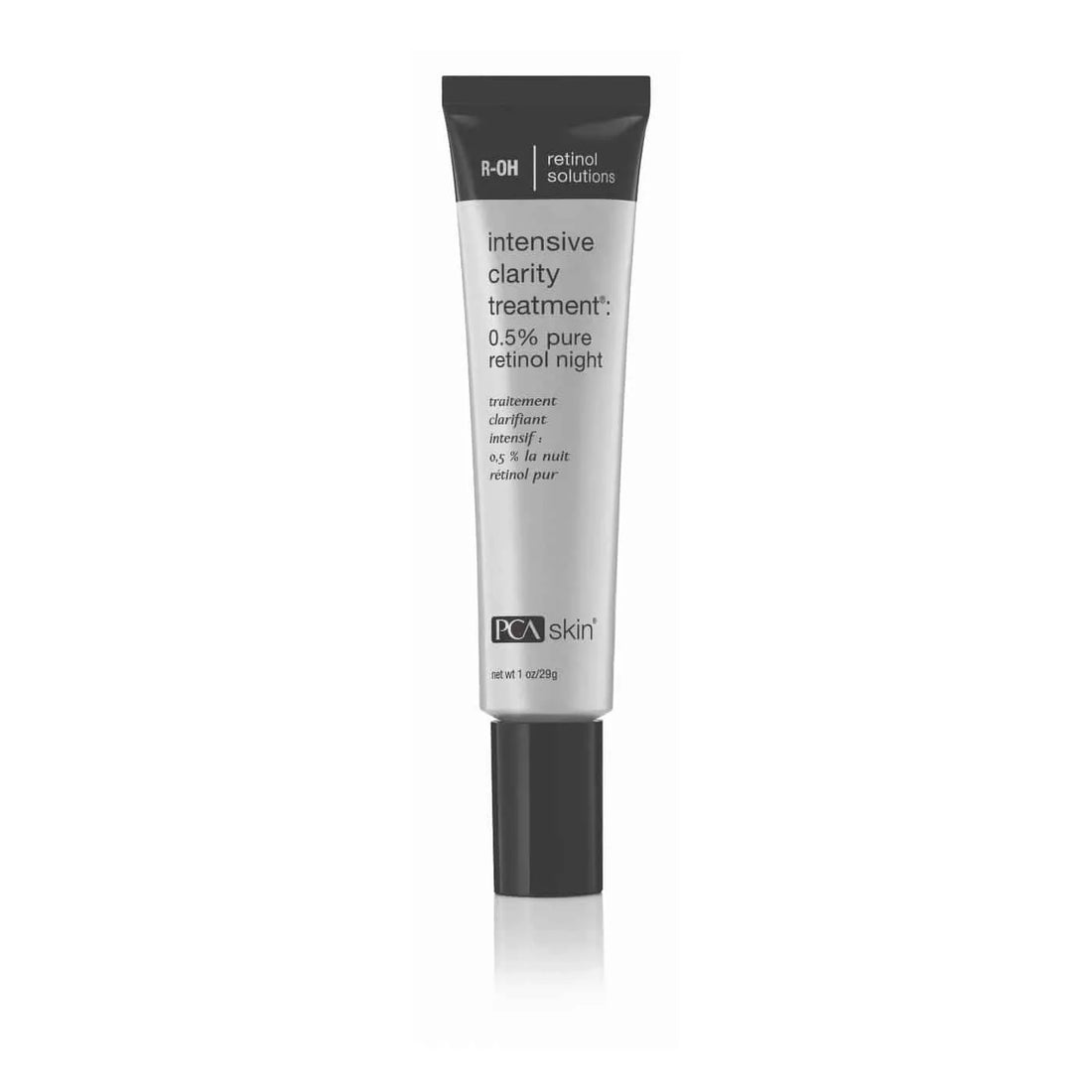 A tube of Intensive Clarity Treatment: 0.5% pure retinol night features a black cap and a white and gray label with the text "0.5% pure retinol night." This retinol treatment is ideal for nighttime use, targeting acne breakouts and oily skin for clearer, smoother results.
