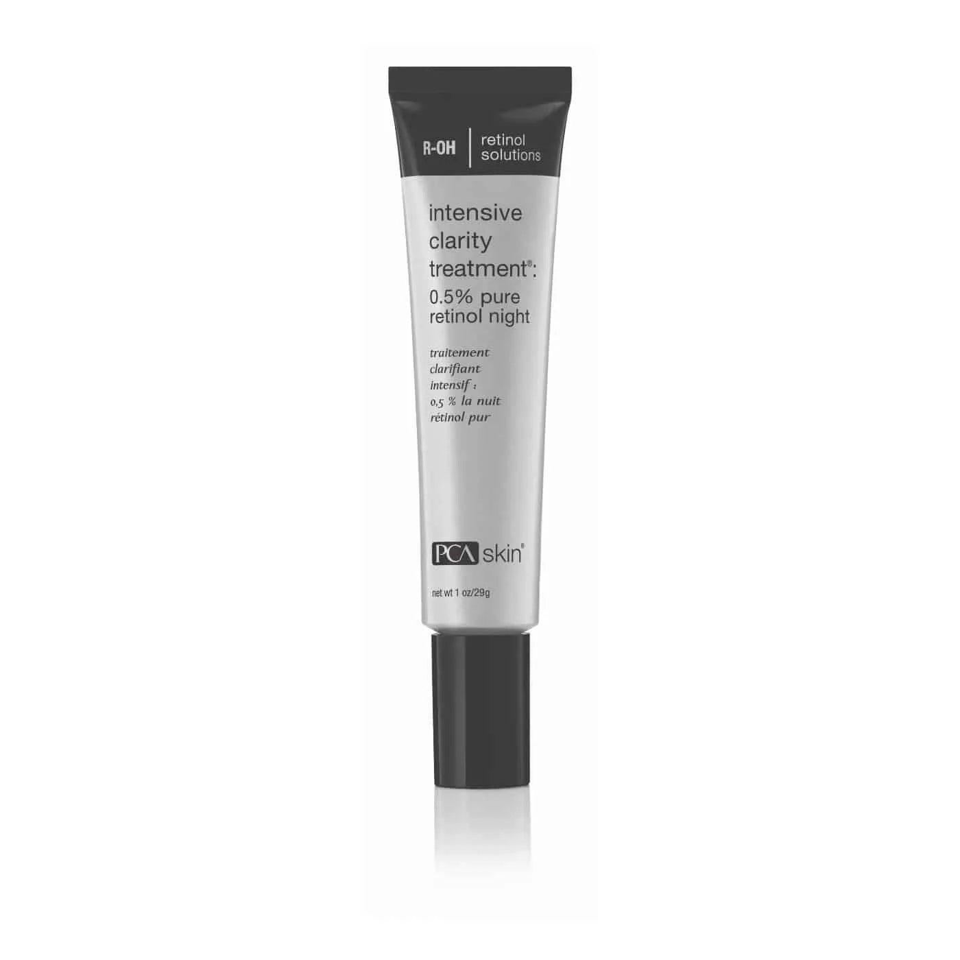 A tube of Intensive Clarity Treatment: 0.5% pure retinol night features a black cap and a white and gray label with the text &quot;0.5% pure retinol night.&quot; This retinol treatment is ideal for nighttime use, targeting acne breakouts and oily skin for clearer, smoother results.