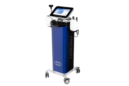 Image of a medical device featuring a tall, blue rectangular base with wheels for mobility. A touch screen display labeled &quot;Contoura&quot; is mounted on top, designed for body contouring and cellulite reduction. The device also includes various attachments and hardware components.