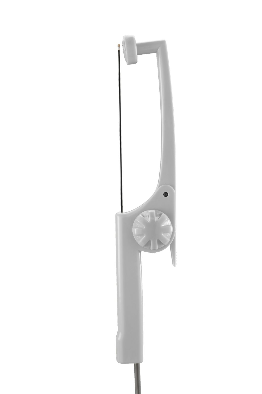 The image shows a white, handheld BodyTite Hand Piece designed to hold dental floss taut for easy flossing. With a long handle for grip and a small wheel for adjusting the floss tension, its minimally invasive design ensures effective and effortless oral care.