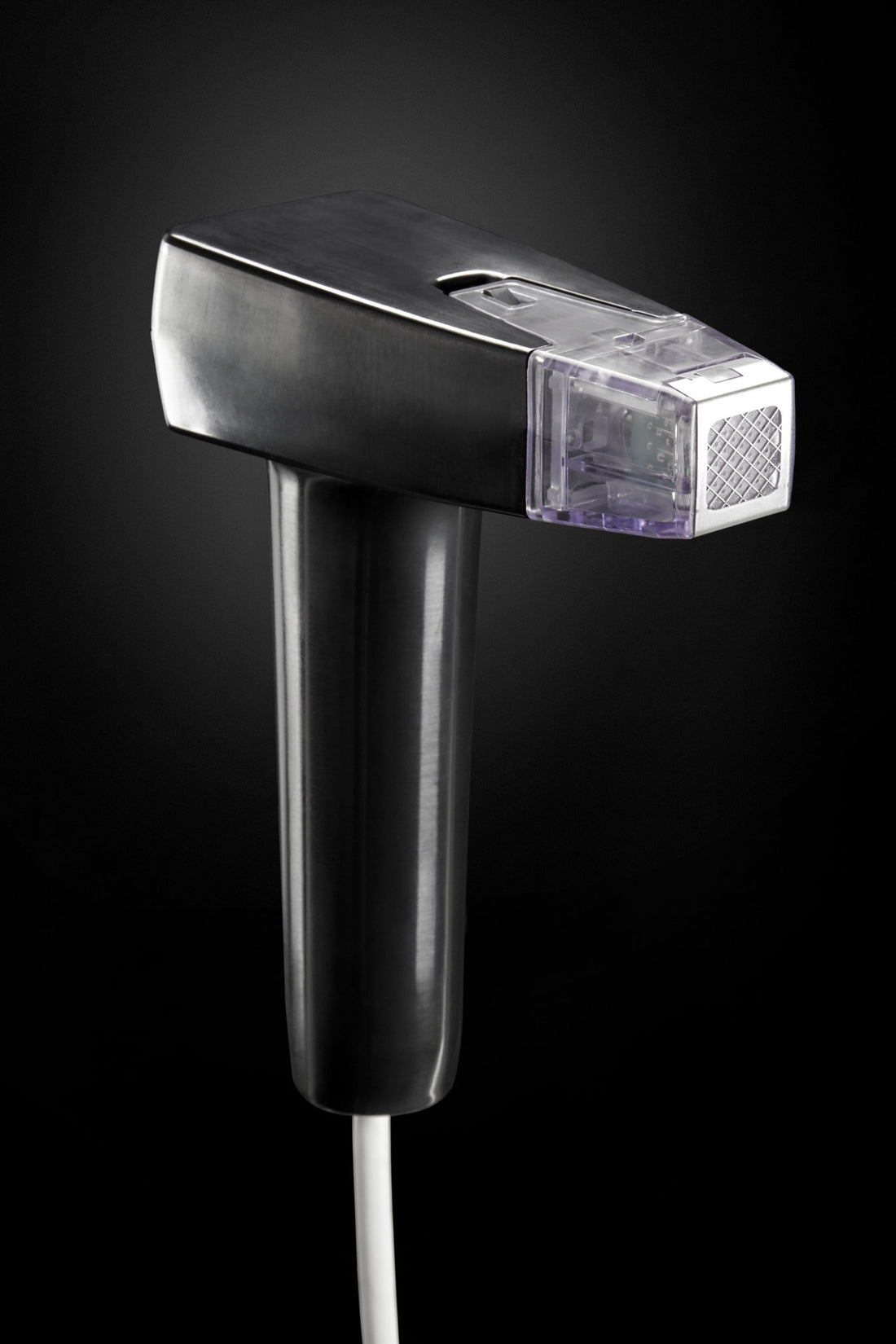 A black handheld device with a glossy finish, featuring a clear, textured square tip, connected by a white cable against a dark background. Ideal for procedures like Morpheus8 Hand Piece epidermal resurfacing.