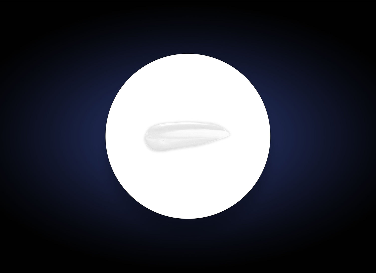 An elongated, teardrop-shaped white object is centered within a bright circular white background on a dark, gradient blue backdrop. The object appears smooth with a glossy finish, hinting at intense hydration and rejuvenation ideal for mature skin. This describes the Collagen Hydrator.