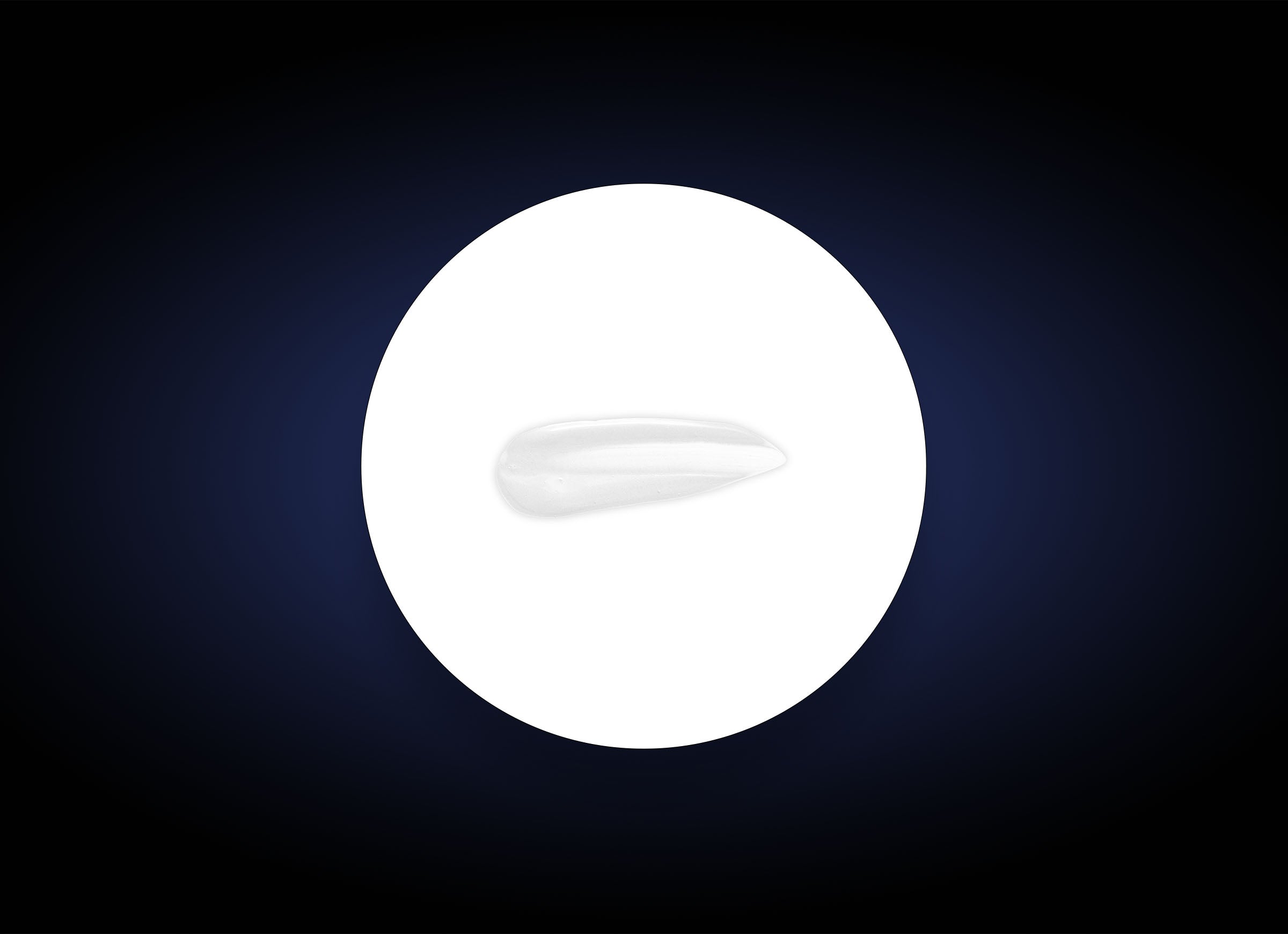 An elongated, teardrop-shaped white object is centered within a bright circular white background on a dark, gradient blue backdrop. The object appears smooth with a glossy finish, hinting at intense hydration and rejuvenation ideal for mature skin. This describes the Collagen Hydrator.