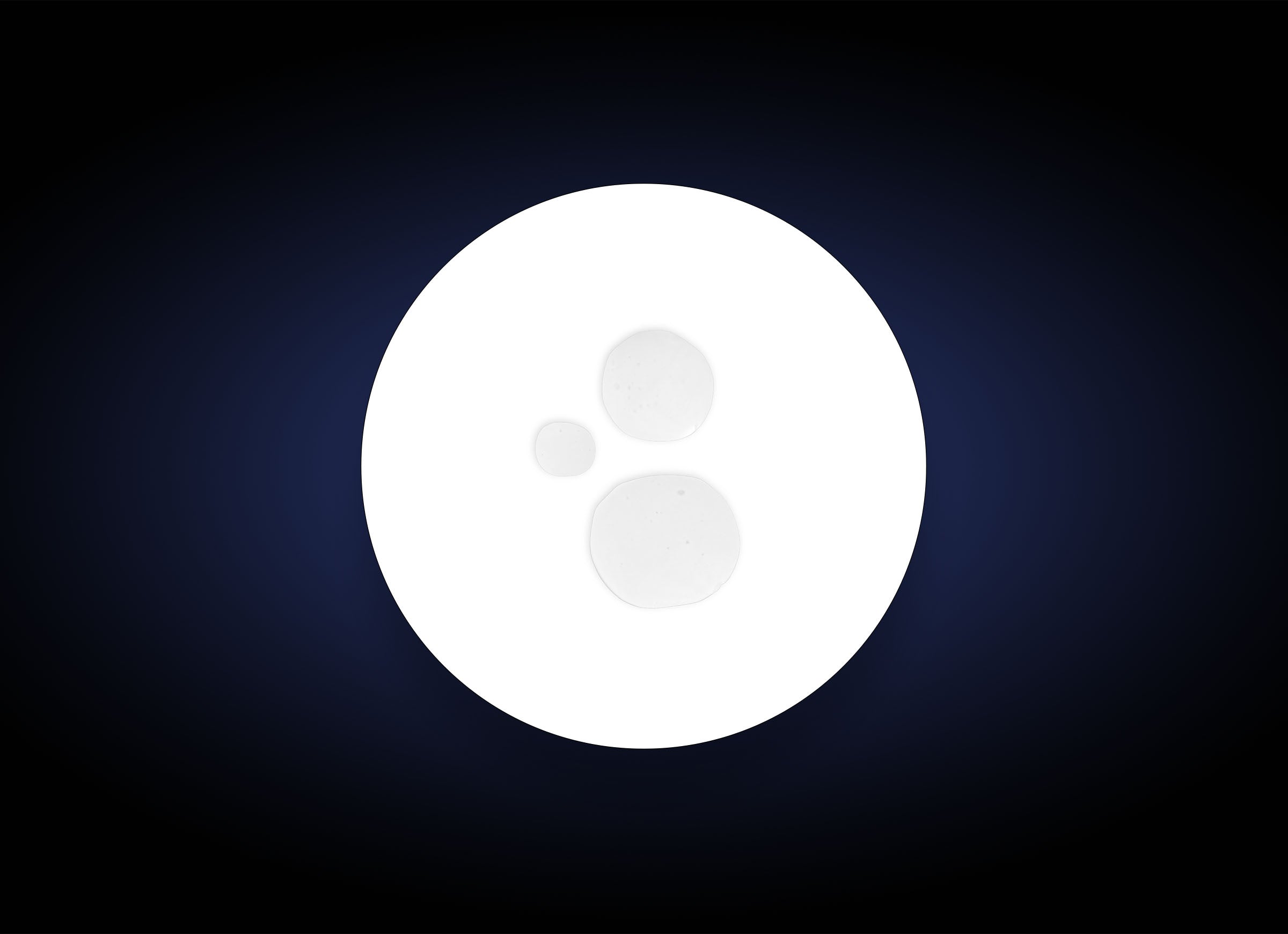 A white circle with three smaller circular white spots inside, set against a dark blue gradient background. The three spots form a rough triangular pattern within the larger circle, symbolizing the anti-aging benefits of Exlinea Peptide Smoothing Serum.