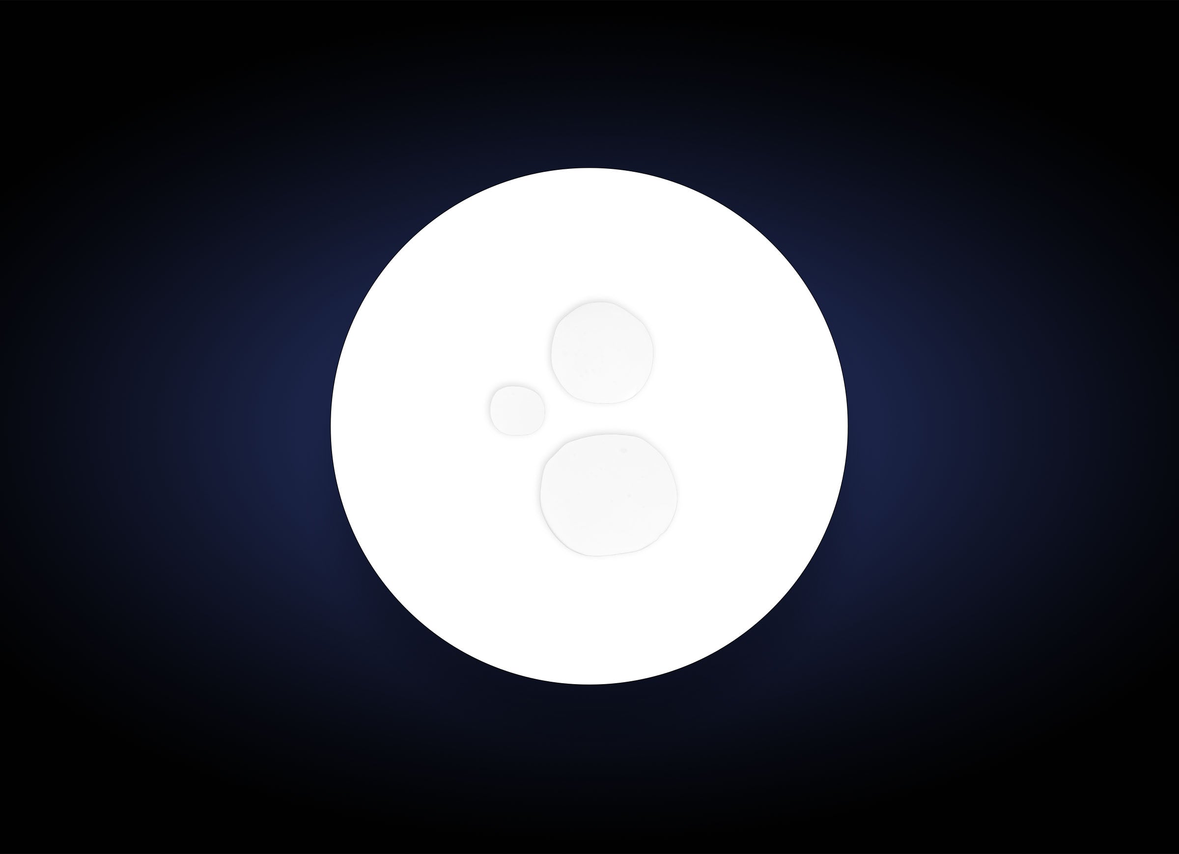 A white circle with three smaller circular shapes inside, resembling a simplified paw print, set against a dark gradient background. This design subtly hints at instant hydration and blue light protection benefits of Daily Defense Mist Antioxidant Spray.