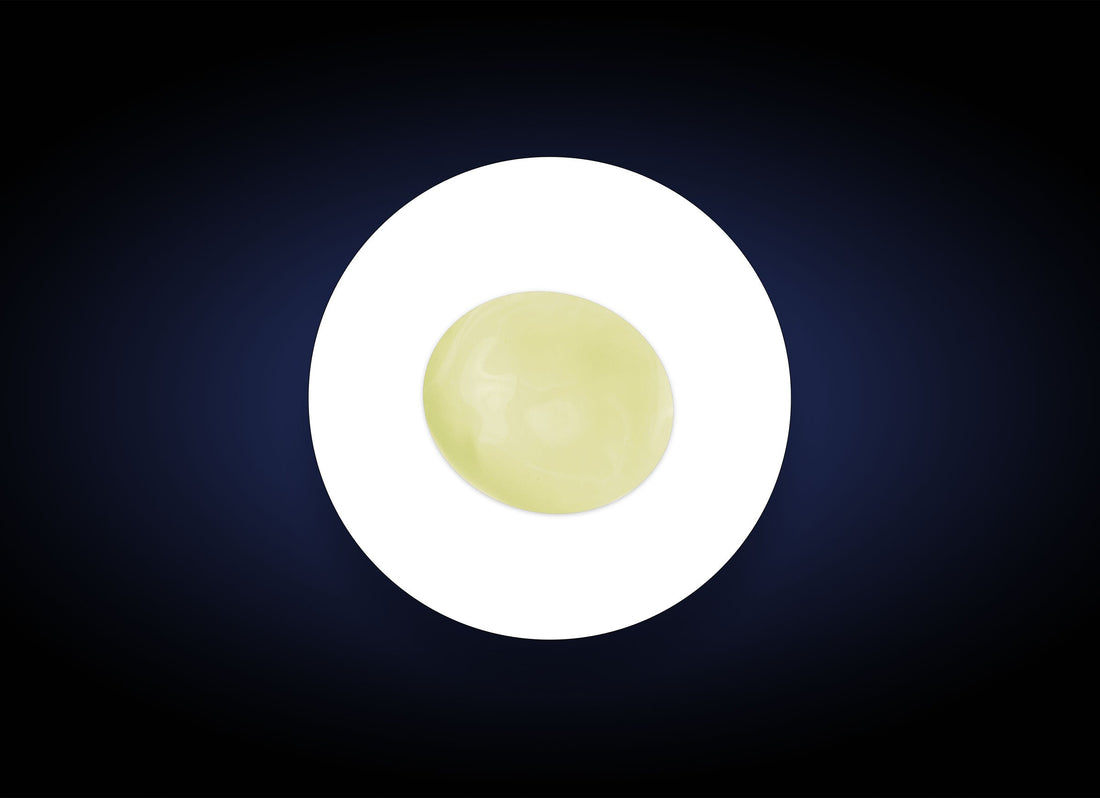 A single green grape centered on a white plate, viewed from above, against a dark blue-black backdrop—reflecting the natural skin brightening and vitamin C benefits of C&E Strength Max 28g.