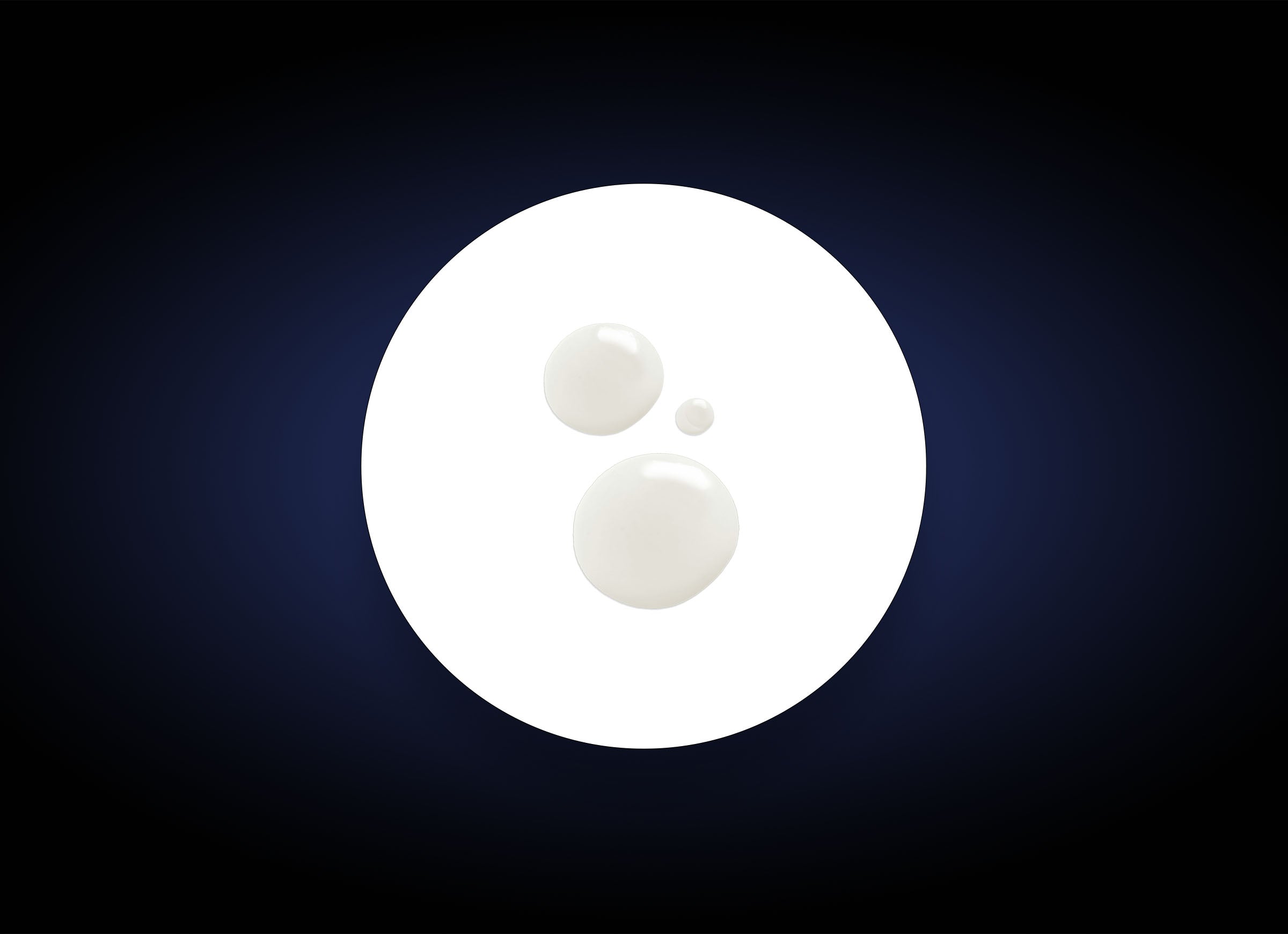 A white circular design on a dark blue background features three small white droplets of varying sizes in its center, symbolizing Creamy Cleanser perfect for sensitive skin.