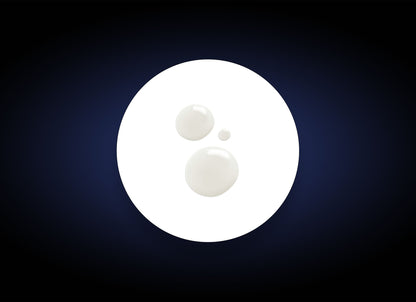 A white circular design on a dark blue background features three small white droplets of varying sizes in its center, symbolizing Creamy Cleanser perfect for sensitive skin.