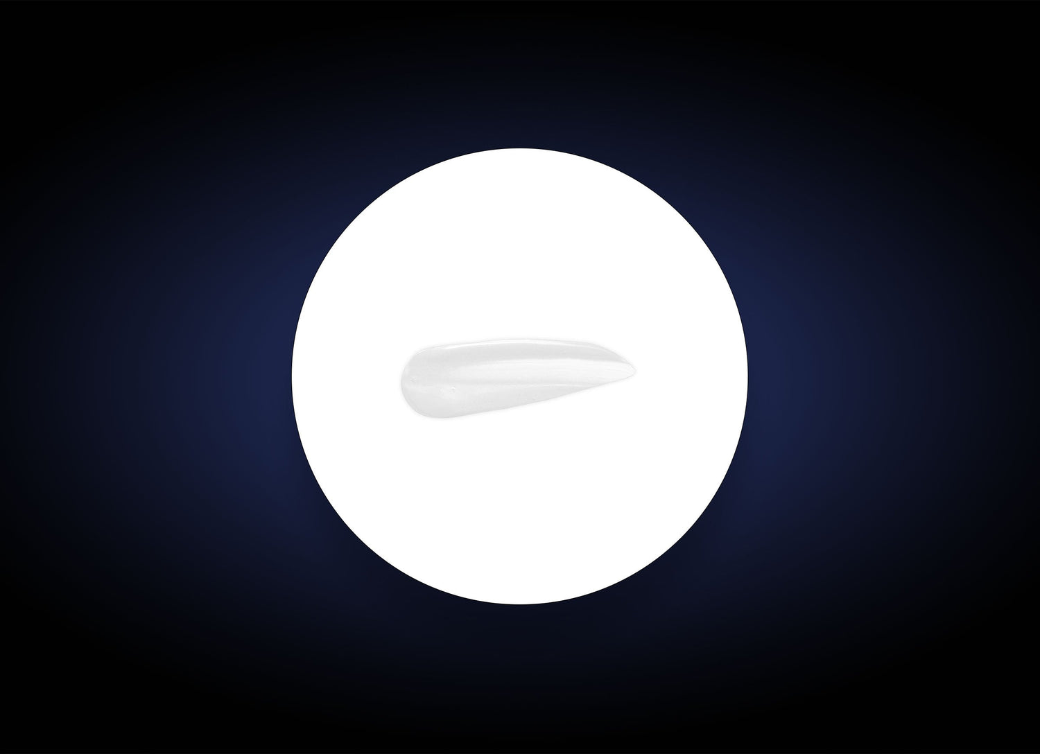 A single, smooth, white, elongated teardrop-shaped object, reminiscent of an Acne Cream application, is centered within a bright white circle and surrounded by a dark gradient background.