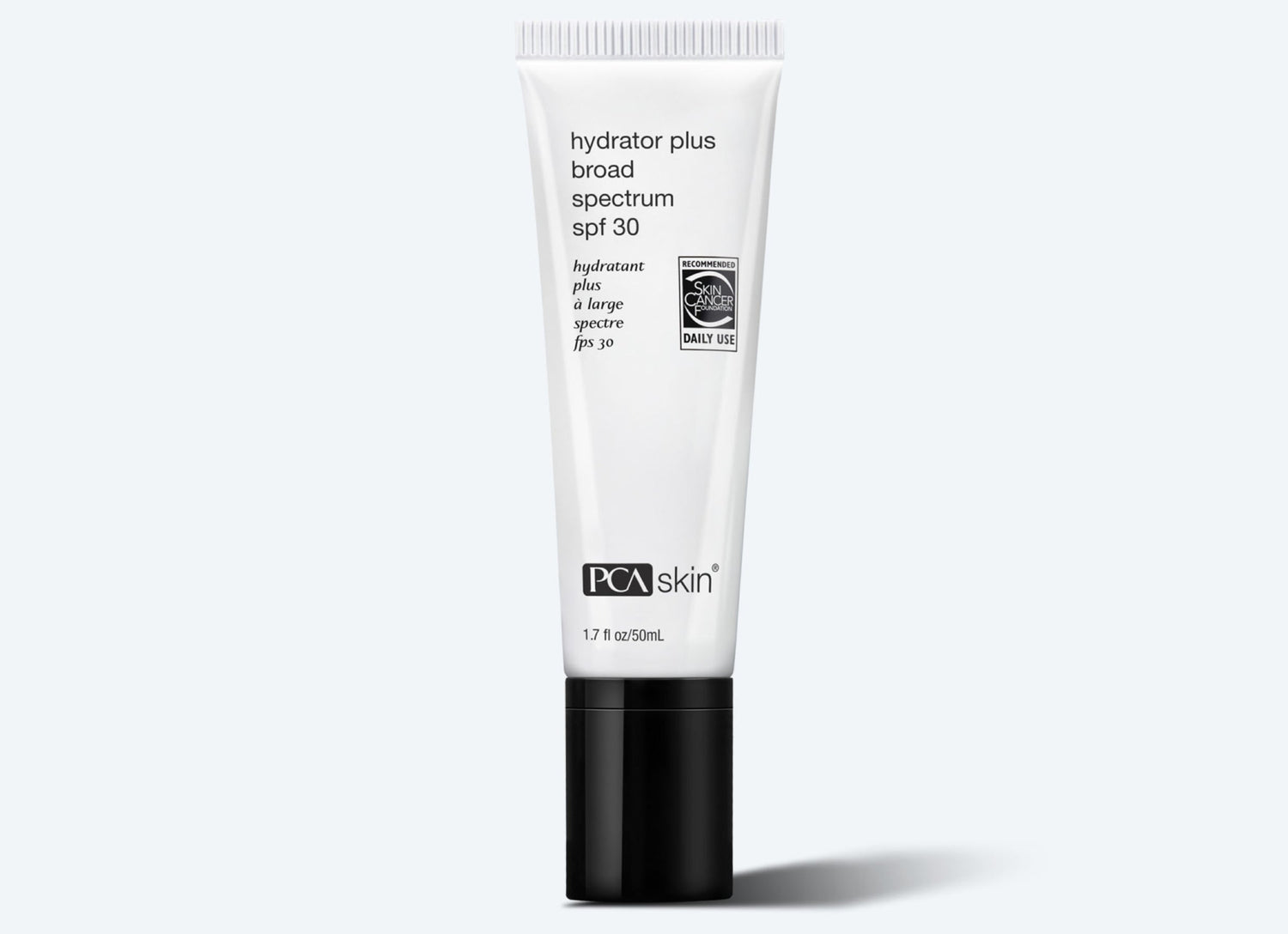 A white tube of Hydrator Plus BS SPF30, featuring black text and a black cap. The label indicates it offers broad-spectrum protection and is suitable for daily use. This moisturising sunscreen is perfect for dry skin, with a capacity of 1.7 fl. oz. or 50 mL.
