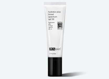 A white tube of Hydrator Plus BS SPF30, featuring black text and a black cap. The label indicates it offers broad-spectrum protection and is suitable for daily use. This moisturising sunscreen is perfect for dry skin, with a capacity of 1.7 fl. oz. or 50 mL.