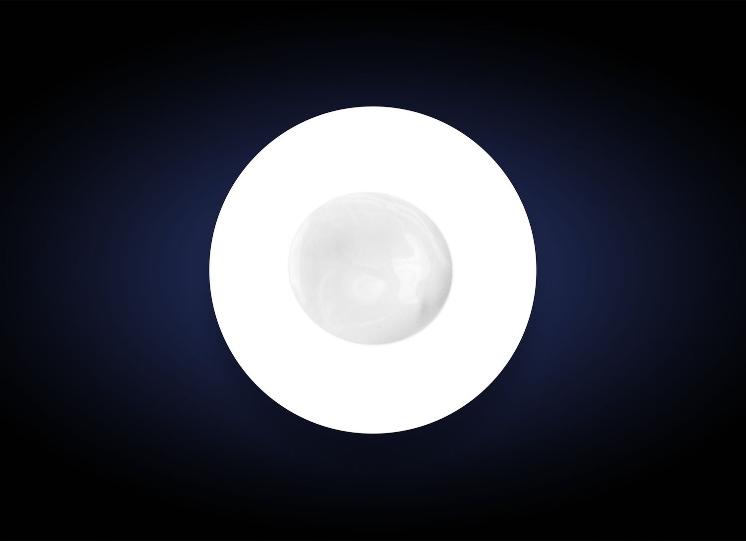 A white, circular light source with a smaller white circle in the center is set against a dark blue, almost black, gradient background, reminiscent of the soothing effect of Hydrator Plus BS SPF30 on dry skin.