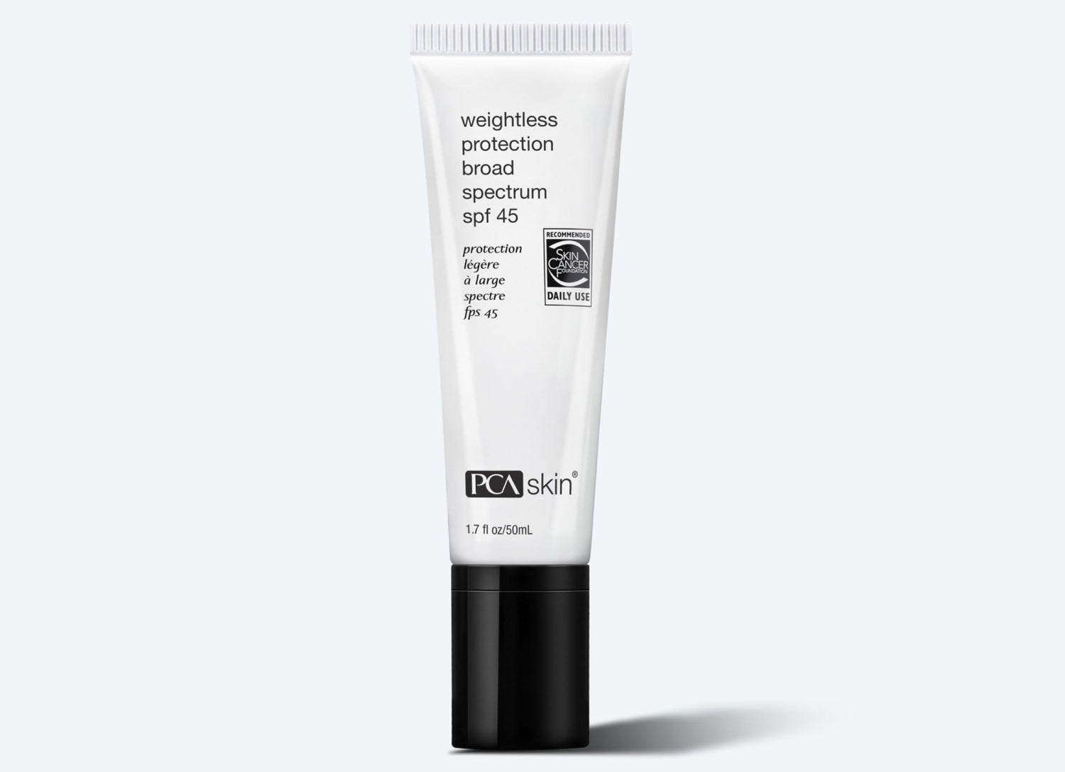 A tube of Weightless Protection BS SPF 45 is displayed against a white background. The white tube features black text and a translucent cap. The label includes a recognition symbol indicating daily use and broad-spectrum protection from UV rays.