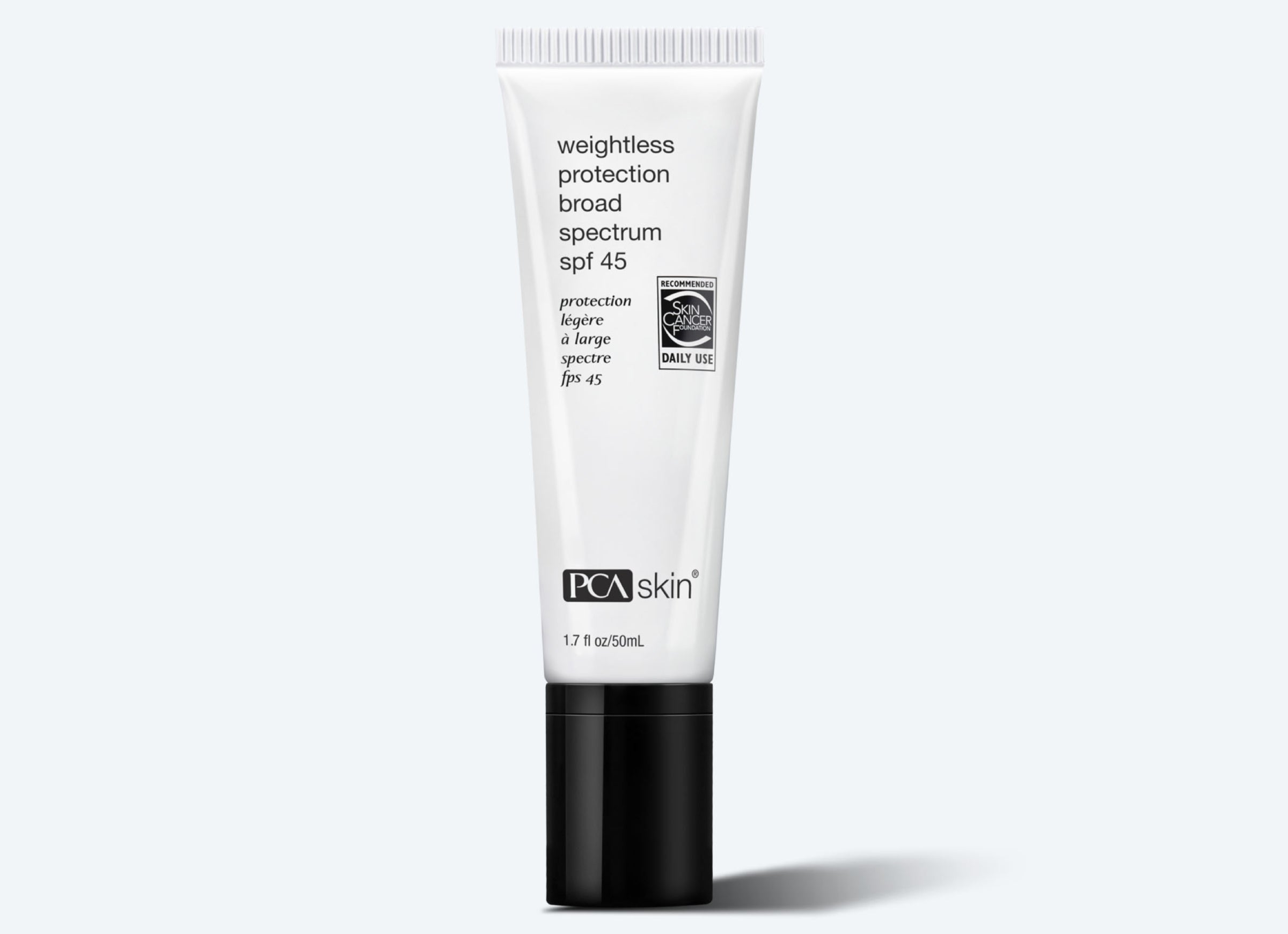 A tube of Weightless Protection BS SPF 45 is displayed against a white background. The white tube features black text and a translucent cap. The label includes a recognition symbol indicating daily use and broad-spectrum protection from UV rays.