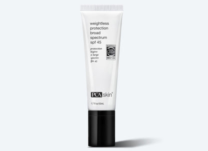 A tube of Weightless Protection BS SPF 45 is displayed against a white background. The white tube features black text and a translucent cap. The label includes a recognition symbol indicating daily use and broad-spectrum protection from UV rays.