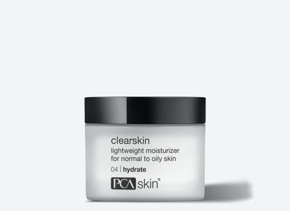 A product image of a jar of Clearskin lightweight moisturizer, designed for normal to oily and acne-prone skin. The packaging is a clear frosted container with a black lid. Text on the container indicates it is step 4 for &quot;hydrate&quot; in the skincare routine series.