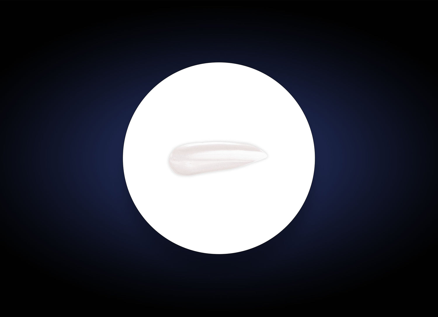 A droplet of Clearskin sits in the center of a white circular background, which is itself set against a dark gradient backdrop. The droplet has a smooth, glossy texture and is ideal for soothing sensitive skin.