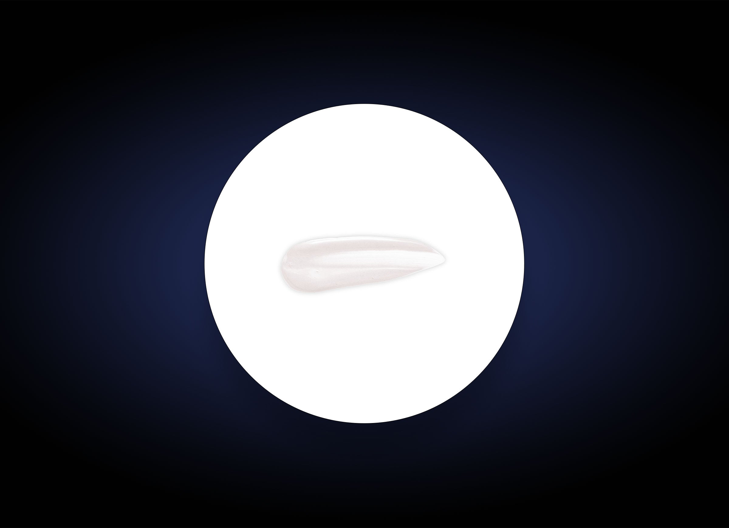 A droplet of Clearskin sits in the center of a white circular background, which is itself set against a dark gradient backdrop. The droplet has a smooth, glossy texture and is ideal for soothing sensitive skin.